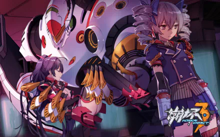 High-definition image featuring Raiden Mei and Bronya Zaychik from the anime Benghuai Xueyuan, set against a dynamic, colorful background.