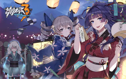 HD PC desktop wallpaper featuring Kiana Kaslana and Bronya Zaychik from Benghuai Xueyuan in Herrscher of Thunder anime style, surrounded by glowing lanterns at night.