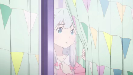 Sagiri Izumi from EroManga-Sensei is shown peeking through curtains, framed by colorful flags in this HD anime desktop wallpaper.