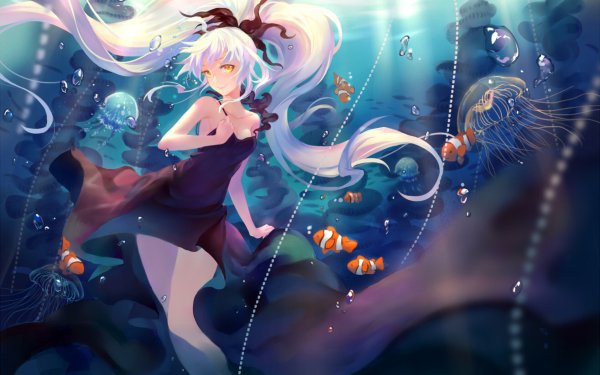 Anime Original White Hair Clownfish Jellyfish Long Hair Yellow Eyes Water HD Wallpaper | Background Image