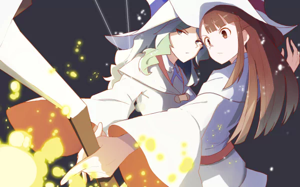 HD wallpaper featuring Diana Cavendish and Akko Kagari from the anime Little Witch Academia. The characters, dressed as witches, are depicted performing magic with glowing orbs illuminating the scene.