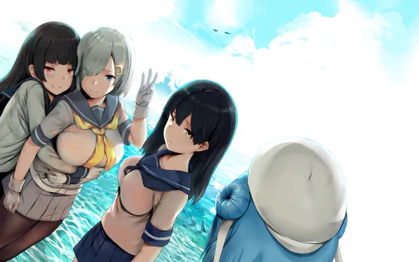Anime-style 8K Ultra HD wallpaper featuring Ushio, Urakaze, Isokaze, and Hamakaze from Kantai Collection standing by the ocean under a bright sky.