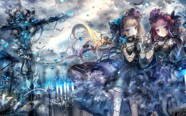 HD anime desktop wallpaper featuring twin girls with long purple and blonde hair in dark dresses, surrounded by blue birds against a dramatic cloudy sky.