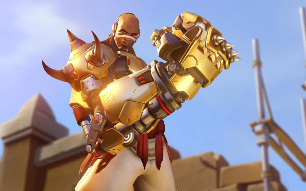 Doomfist (Overwatch) raises his golden gauntlet toward the sky in dynamic 2K Quad HD PC desktop wallpaper/background — video game Overwatch artwork.
