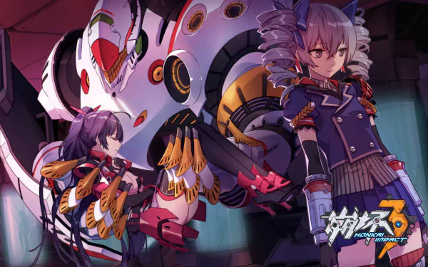 High-definition image featuring Raiden Mei and Bronya Zaychik from the anime Benghuai Xueyuan, set against a dynamic, colorful background.