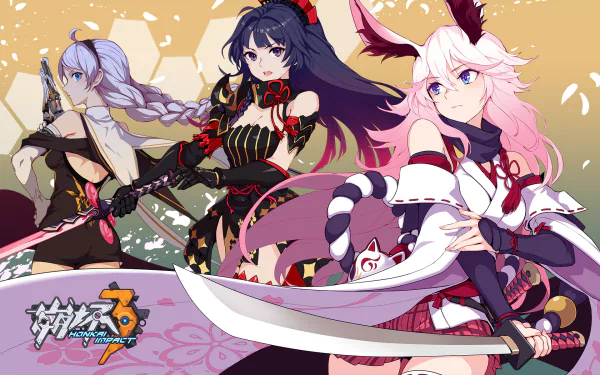 HD desktop wallpaper featuring anime characters Yae Sakura, Raiden Mei, and Kiana Kaslana from Benghuai Xueyuan, showcasing vibrant and detailed art.