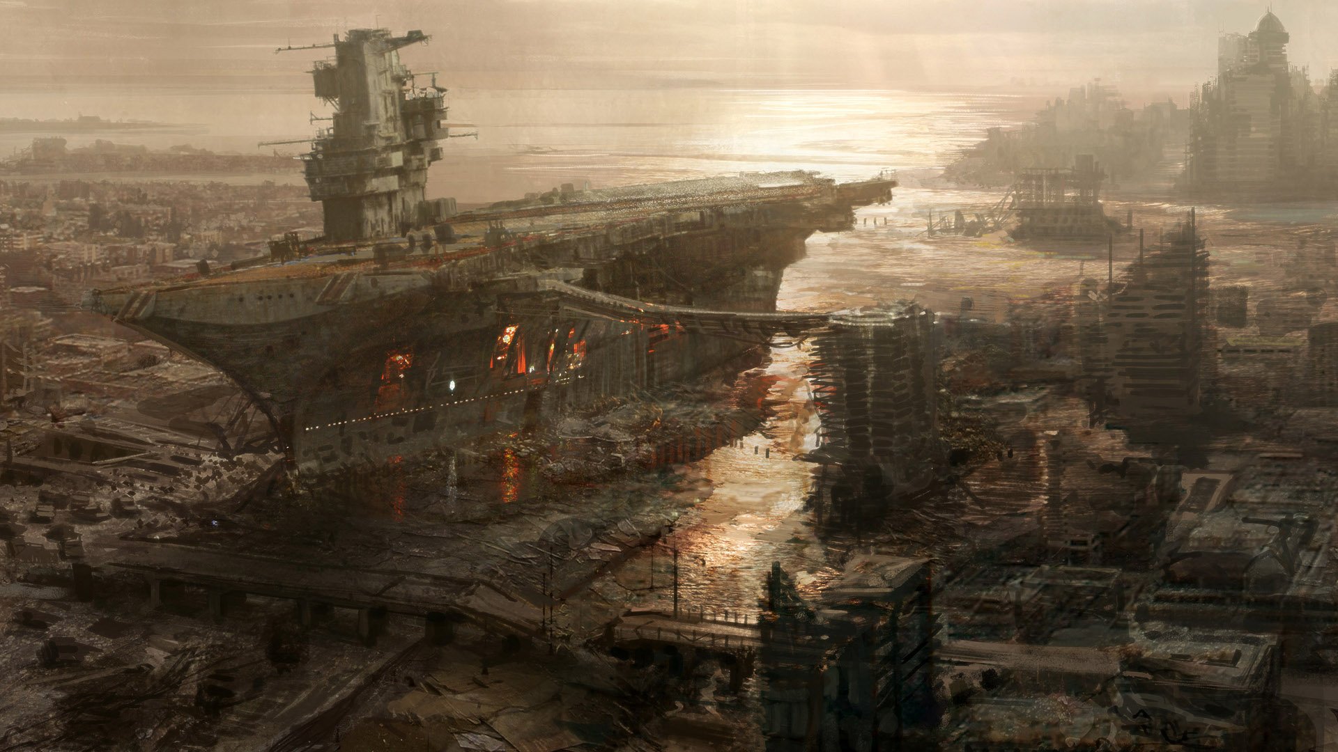 Sci Fi cityscape with ship resembling Fallout's Rivet City as HD desktop wallpaper.