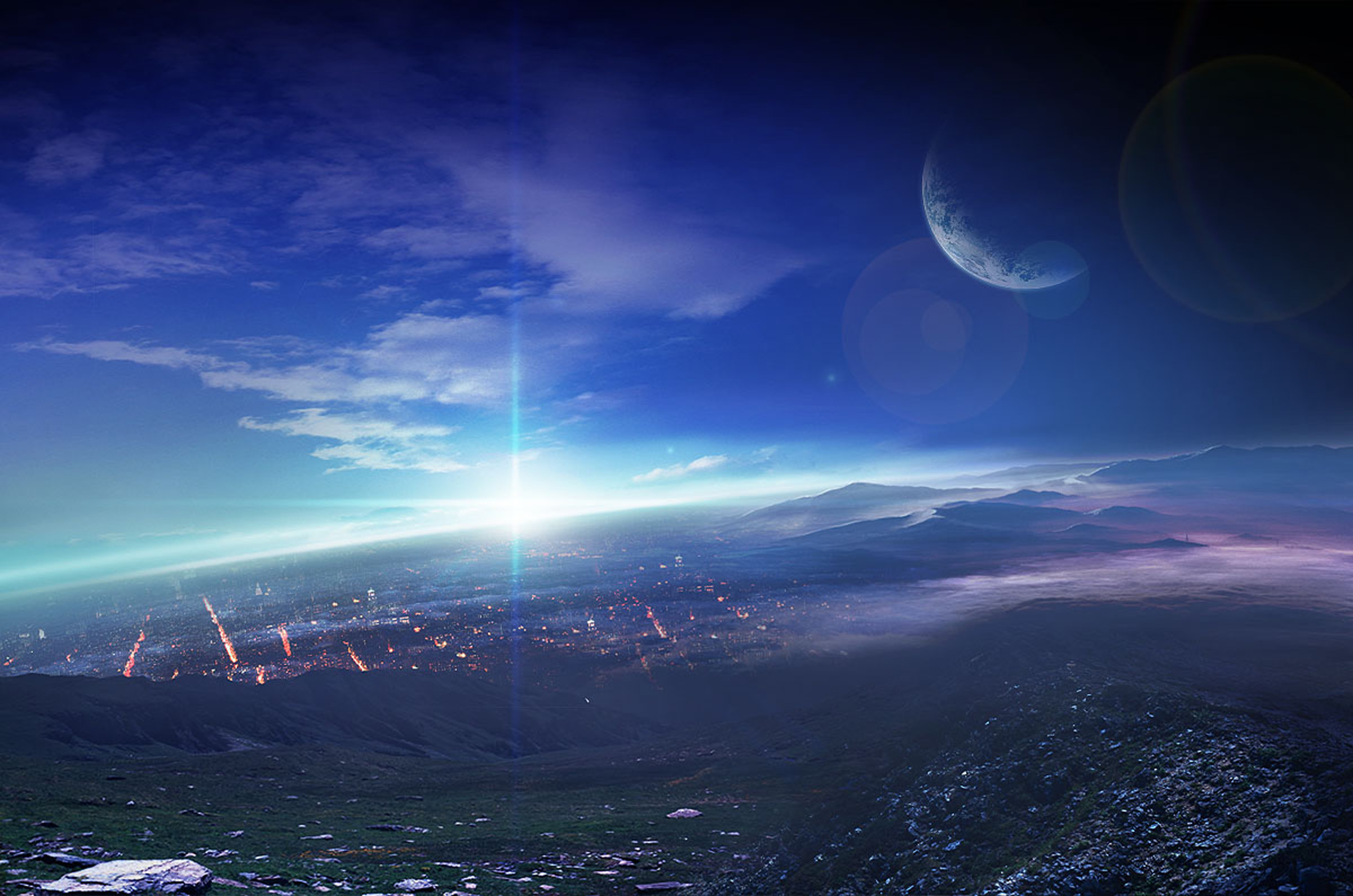 Download Planet Cloud Sky Light City Sunset Sci Fi Landscape Sci Fi City HD Wallpaper By Monorisu