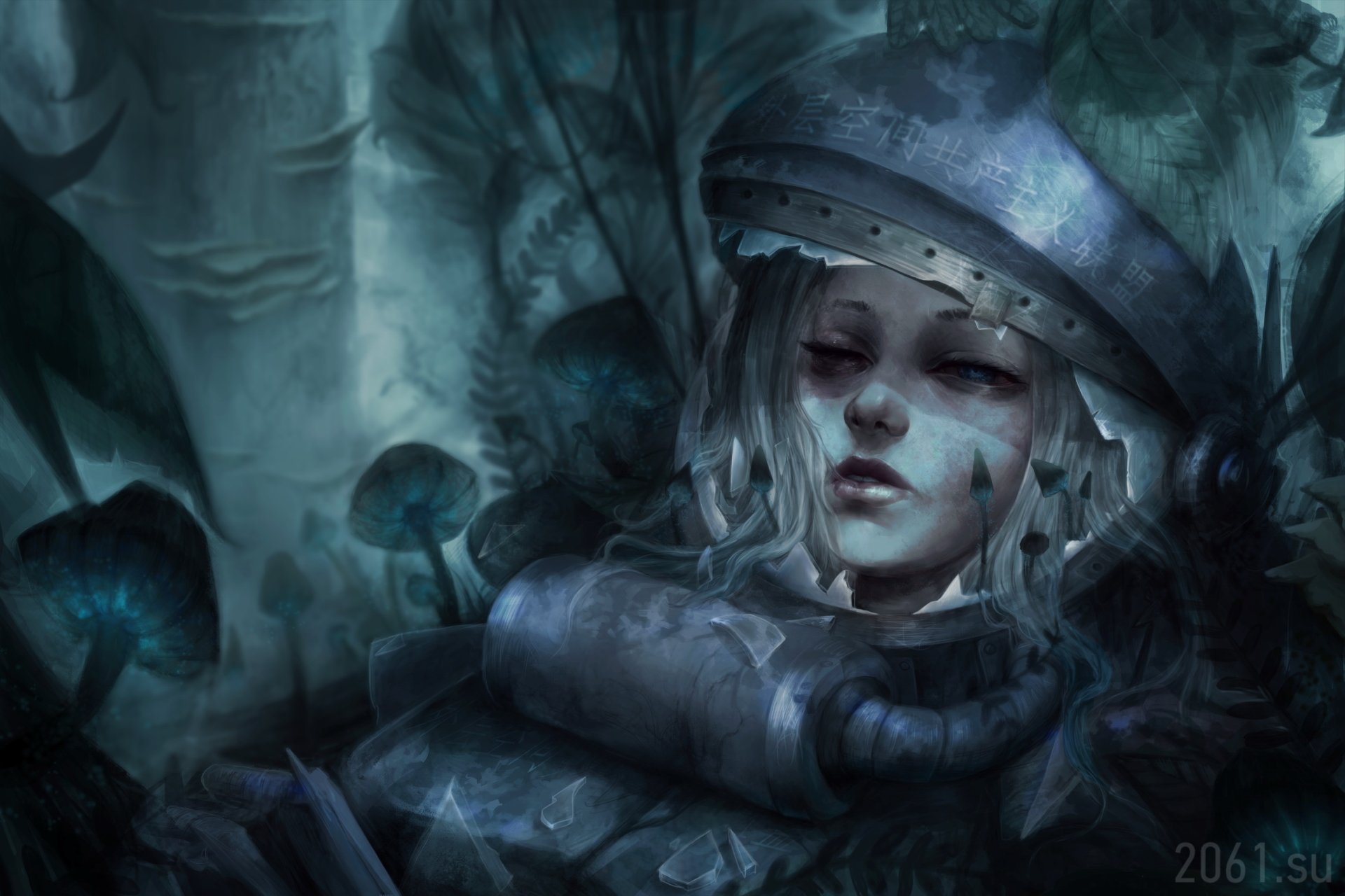 HD Sci-Fi desktop wallpaper featuring an astronaut with white hair in a space suit, surrounded by a mysterious, dark, and eerie environment.