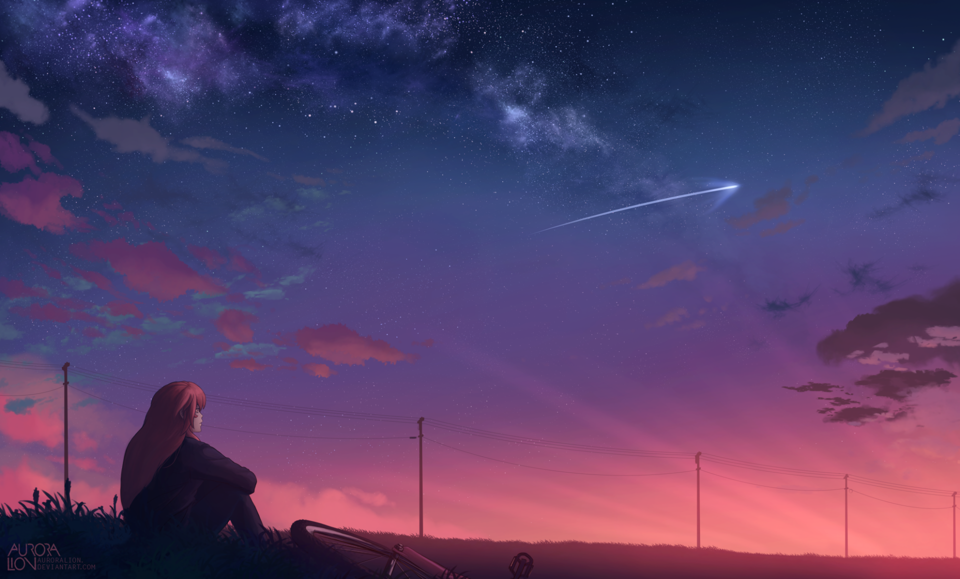 Anime-style HD desktop wallpaper depicting a serene evening sky with clouds and a bright comet streaking across, viewed by a person sitting peacefully.