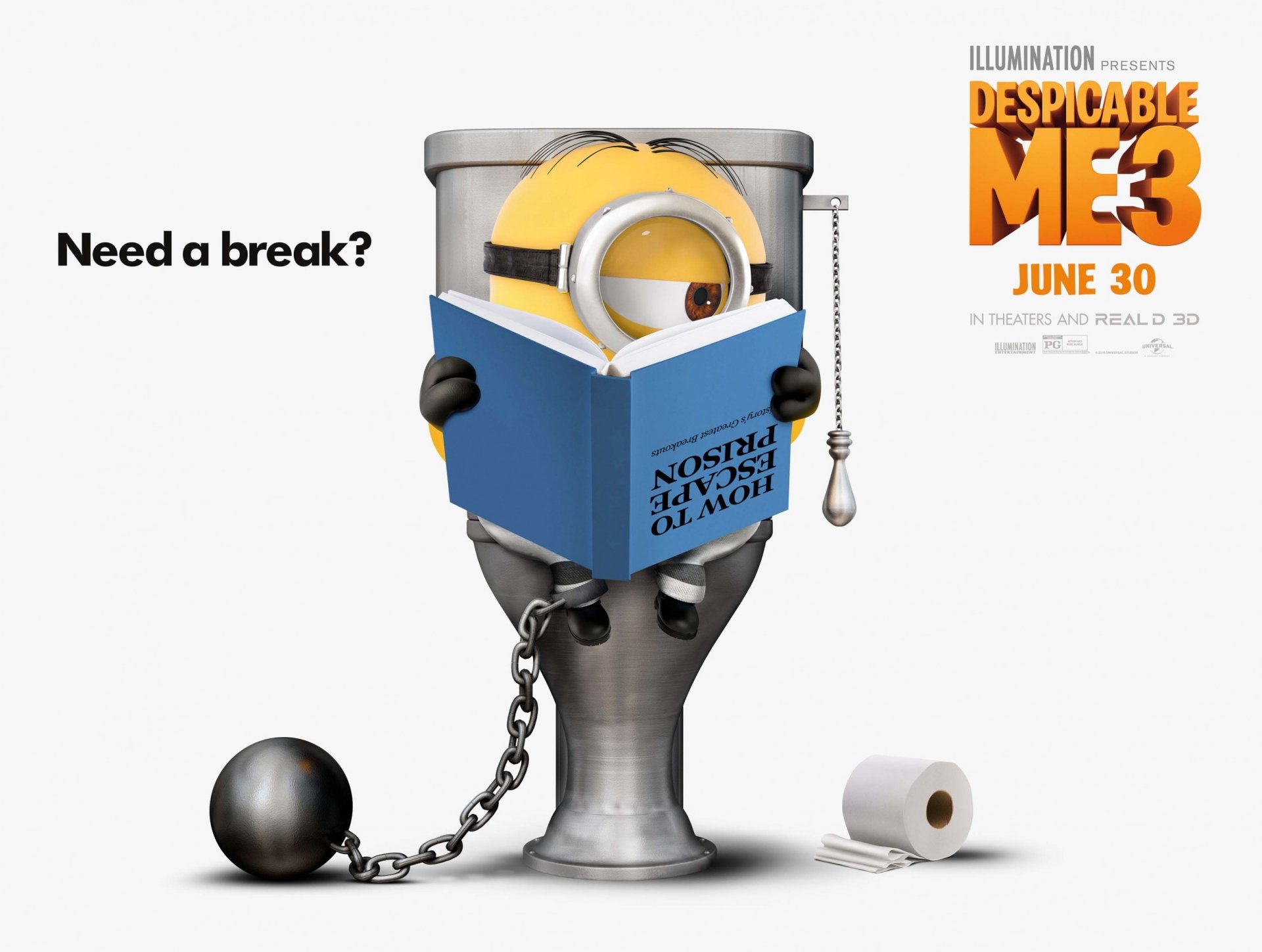 HD desktop wallpaper featuring Stuart the Minion from Despicable Me 3, sitting on a toilet with a ball and chain, reading a book titled How to Escape Prison next to a roll of toilet paper. Text reads, Need a break?