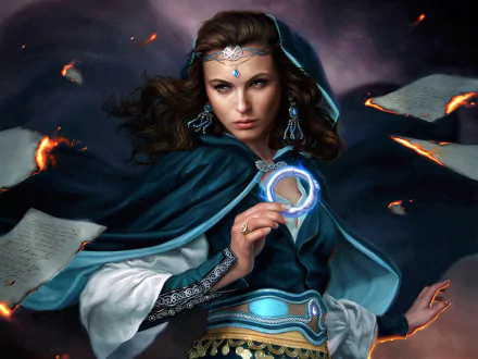 A fantasy sorceress with brown hair and earrings holds a glowing ring. Burning papers float around her. Inspired by The Wheel of Time, this HD desktop wallpaper captures magical intensity.