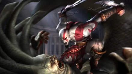 HD wallpaper featuring Kratos from the video game God of War II, engaging in intense combat with a creature in a dark, dramatic setting.
