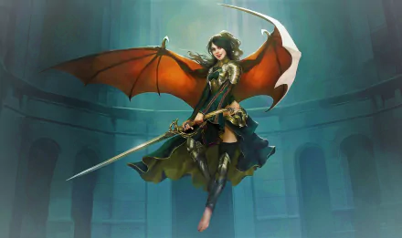 A fierce woman warrior with bat-like wings wields a sword, embodying dark fantasy in this stunning HD image. A powerful figure in a mystical, ancient setting.