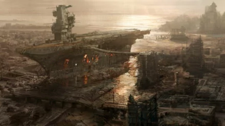 HD desktop wallpaper of Rivet City from Fallout 3, depicting a sci-fi city with a massive ship integrated into the urban landscape. The image radiates a post-apocalyptic atmosphere.