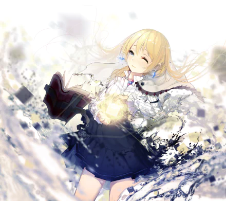 Anime-style blonde girl with earrings, wearing a skirt, holding a glowing magical orb surrounded by books and water, rendered in HD for a desktop wallpaper background.