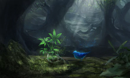 A lush forest background featuring a glowing light bulb with a plant sprouting inside it and a vibrant blue bird nearby, rendered in an anime art style.
