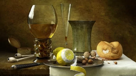 A high-definition still life wallpaper featuring a glass of drink, a peeled lemon, almonds, and rustic bread against an artistic backdrop. The image creates a serene and classic ambiance.