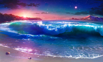 HD Anime wallpaper of a stunning evening sunset over a beach with a crashing wave, a majestic mountain, scattered clouds, and a starry sky in the background.