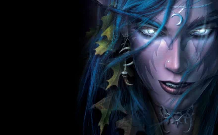 A captivating HD wallpaper featuring a mystical elf with blue hair and glowing eyes, inspired by the Warcraft video game universe.