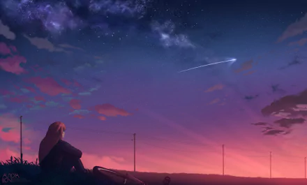 Anime-style HD desktop wallpaper depicting a serene evening sky with clouds and a bright comet streaking across, viewed by a person sitting peacefully.