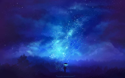 A mesmerizing HD anime fantasy wallpaper features a figure holding an umbrella under a starry night sky. The scene is illuminated with a dazzling display of stars and celestial light.