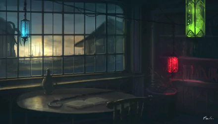 Anime-style dark room illuminated by colorful lanterns, featuring a window with a scenic view, captured in HD as a PC desktop wallpaper and background.