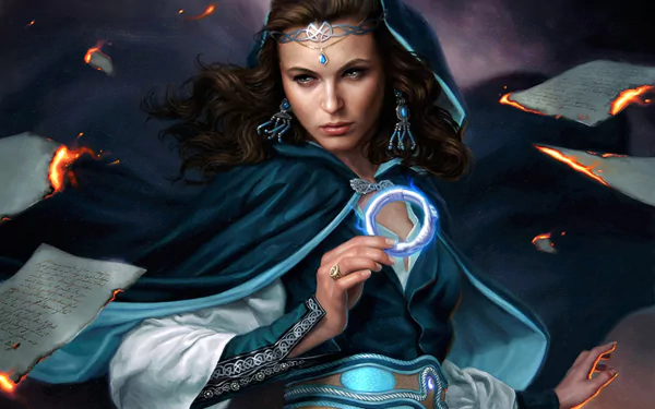 A fantasy sorceress with brown hair and earrings holds a glowing ring. Burning papers float around her. Inspired by The Wheel of Time, this HD desktop wallpaper captures magical intensity.