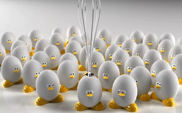 A whimsical HD desktop wallpaper featuring a crowd of cartoonish eggs with yellow feet and a whisk in the center, creating a playful and fun food-themed background.