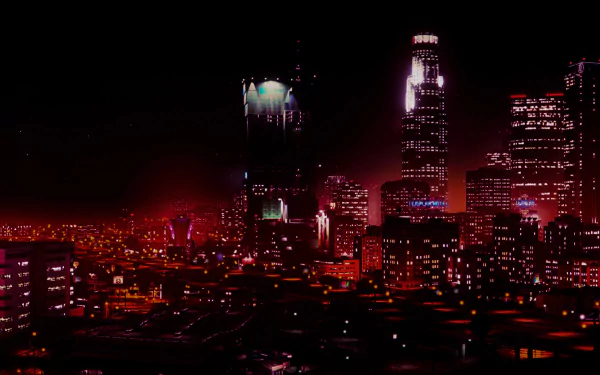 Nighttime cityscape of Los Santos skyscrapers from Grand Theft Auto V, shown in high-definition for a vibrant PC desktop wallpaper.