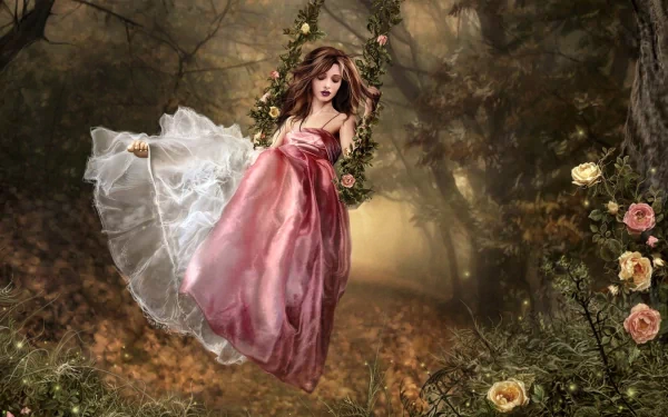 A woman in a flowing dress swings in a magical forest, surrounded by flowers and foliage. This HD desktop wallpaper captures a whimsical, fantasy setting.