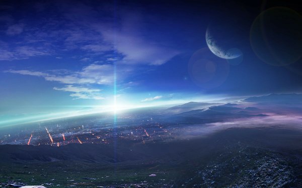Sci Fi Landscape Sunset City Light Sky Cloud Planet HD Wallpaper | Background Image