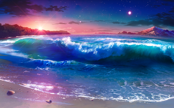 Anime Beach Playa Ola Atardecer Montaña Cielo Nube Evening Fondo de pantalla HD | Fondo de Escritorio