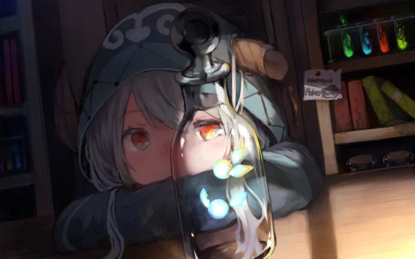 Anime-style original character with white hair, red and orange eyes, wearing a hoodie and hat, resting behind a bottle; detailed horns and colorful lights create a moody HD desktop wallpaper.