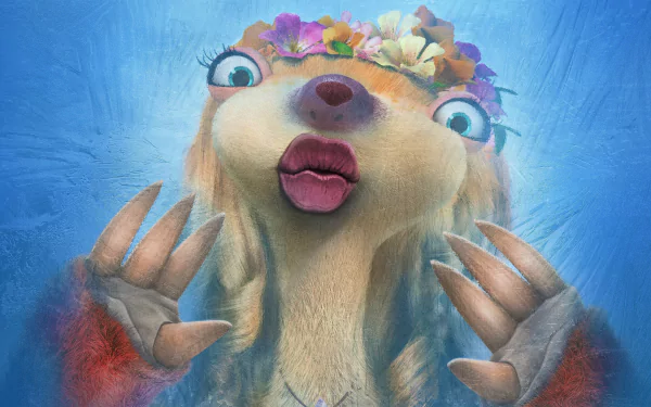 Brooke from Ice Age: Collision Course is depicted underwater with a flower crown, bright eyes, and puckered lips in this 4K Ultra HD desktop wallpaper.