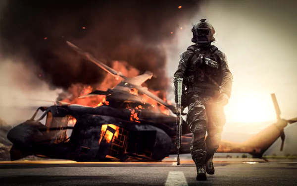 A Battlefield 4 soldier walks away from a fiery, destroyed helicopter, weapons ready, captured in vivid 4K Ultra HD detail for a PC desktop background.