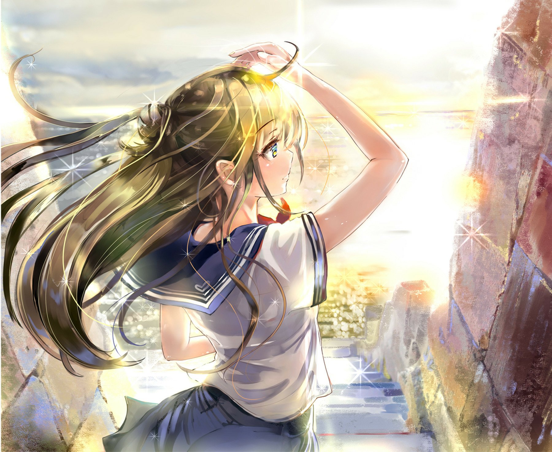 Anime girl in a school uniform stands on sunlit stairs, hair flowing in the summer breeze, captured in a vibrant HD PC desktop wallpaper background.