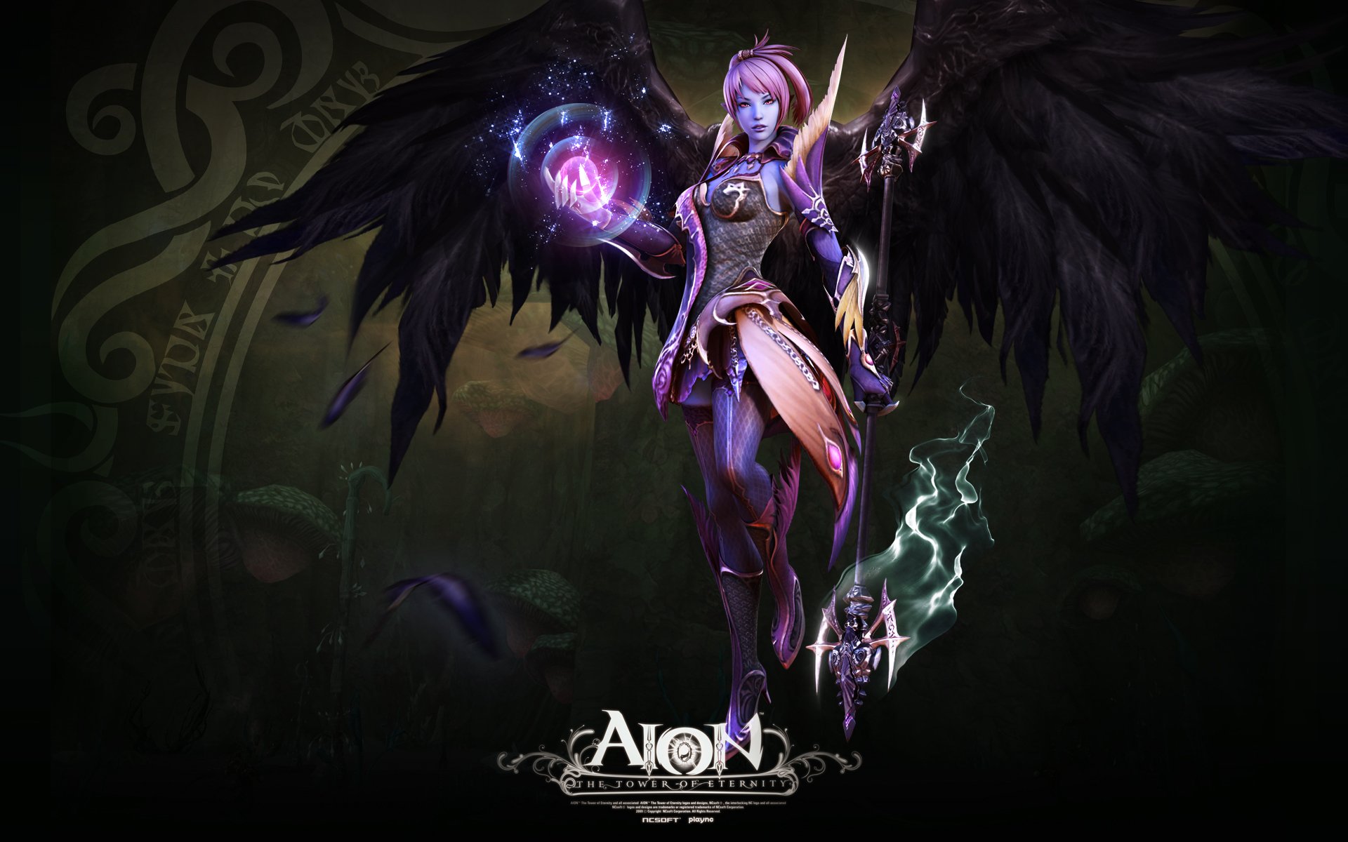 HD PC desktop wallpaper: AION (Aion: Tower of Eternity) fantasy scene of pink-haired winged sorceress casting magic, dark wings and a glowing orb.