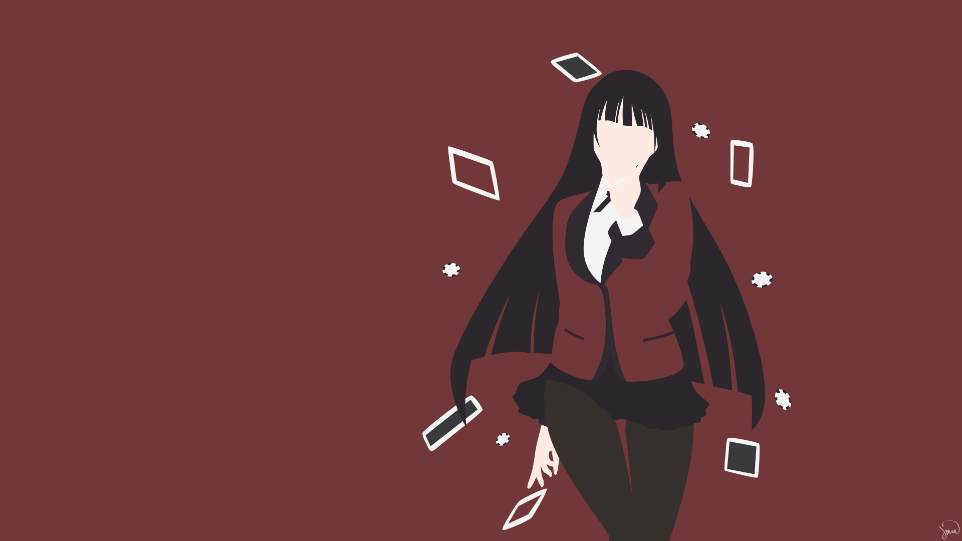 Minimalist HD wallpaper of Yumeko Jabami from the anime Kakegurui, showcasing her in a skirt, pantyhose, and long black hair against a maroon background.