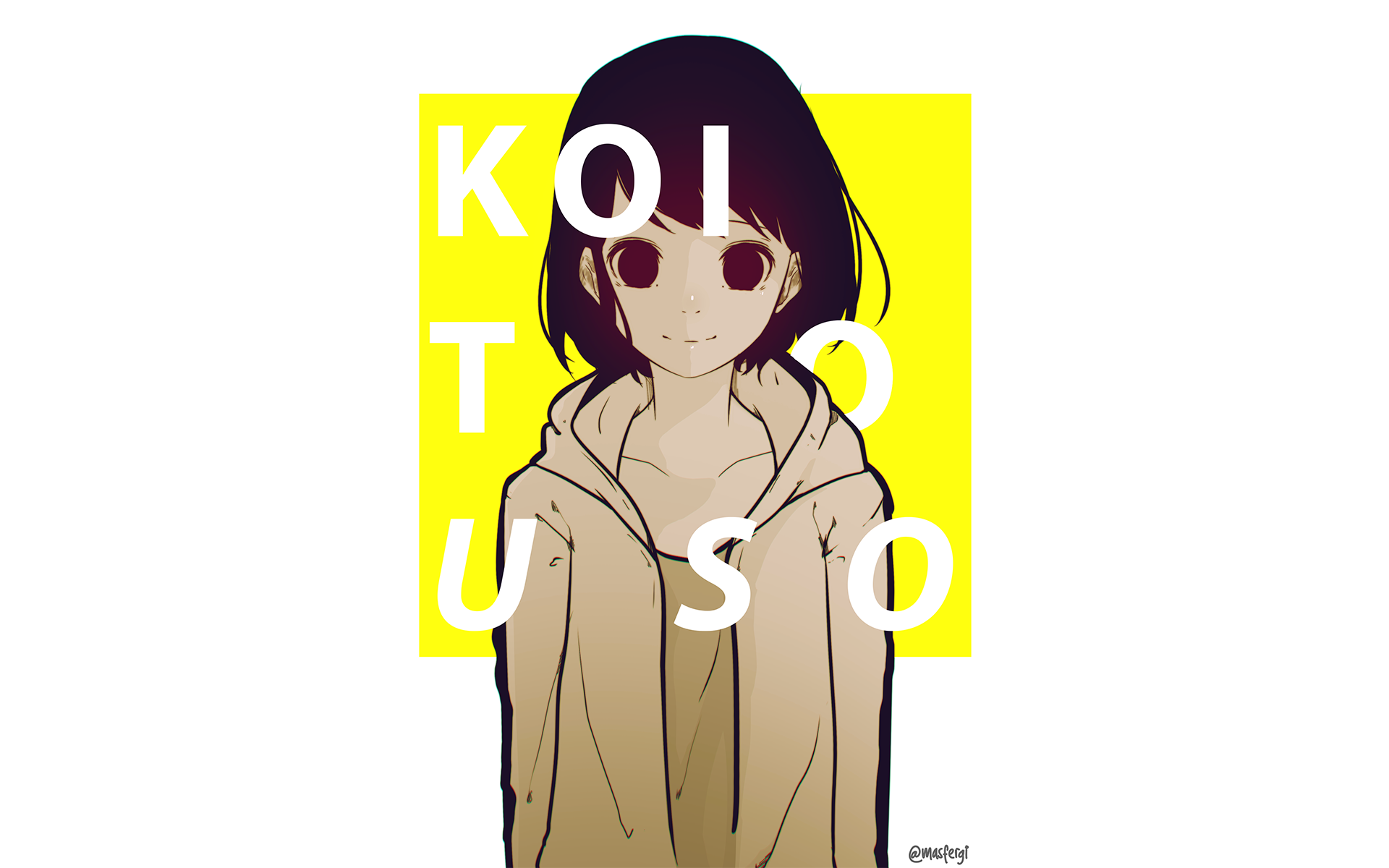HD desktop wallpaper featuring Misaki Takasaki from the anime Koi to Uso (Love and Lies) with bold text overlay on a bright yellow background.
