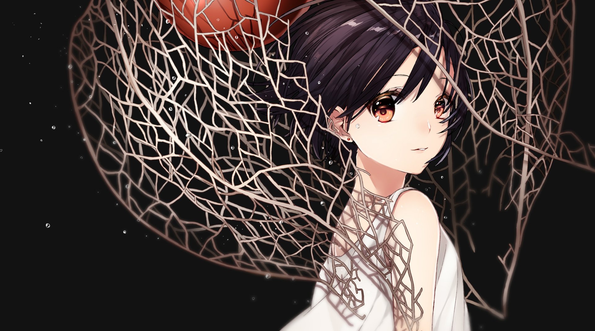 Anime-style 4K Ultra HD wallpaper featuring a character with short dark hair, orange eyes, and a white dress against a dark abstract background with intricate web-like patterns.