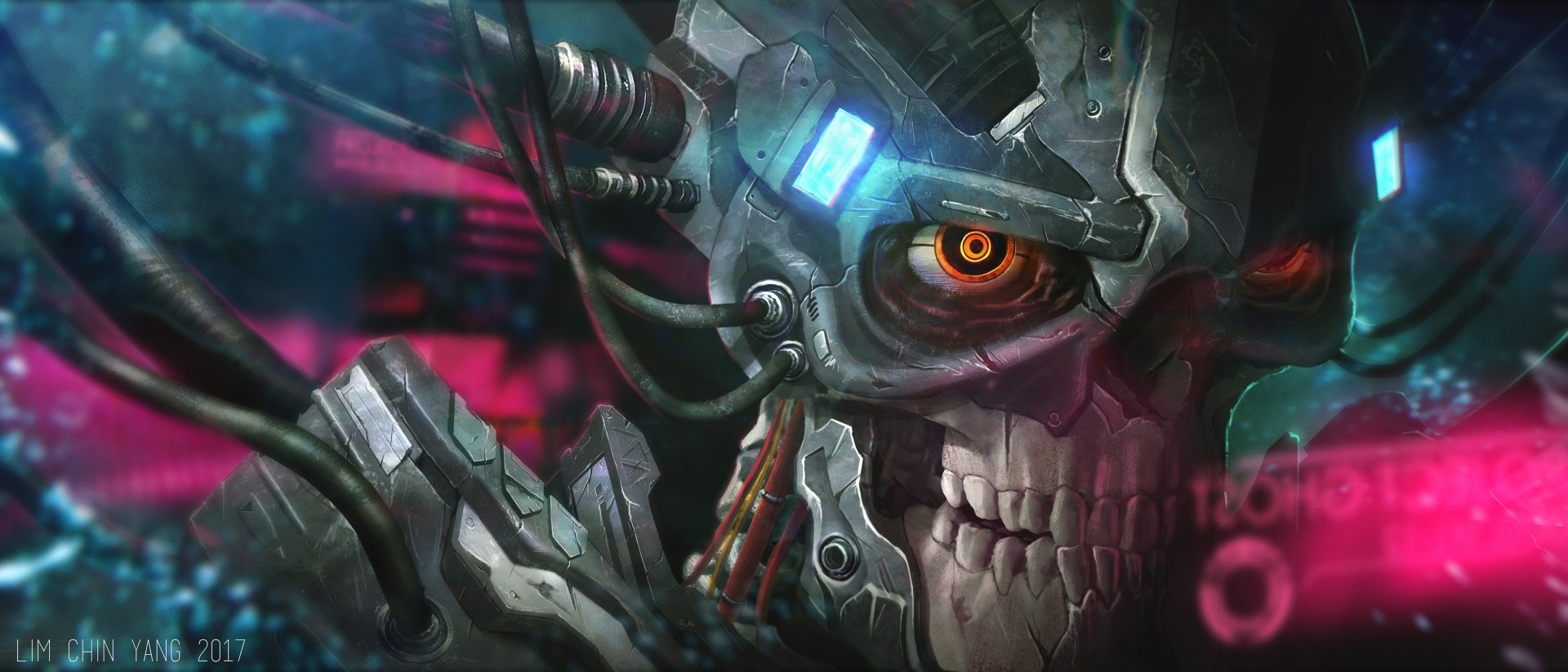 HD desktop wallpaper featuring a detailed, futuristic cyborg with a skull-like appearance, illuminated by vibrant, sci-fi elements and colors.