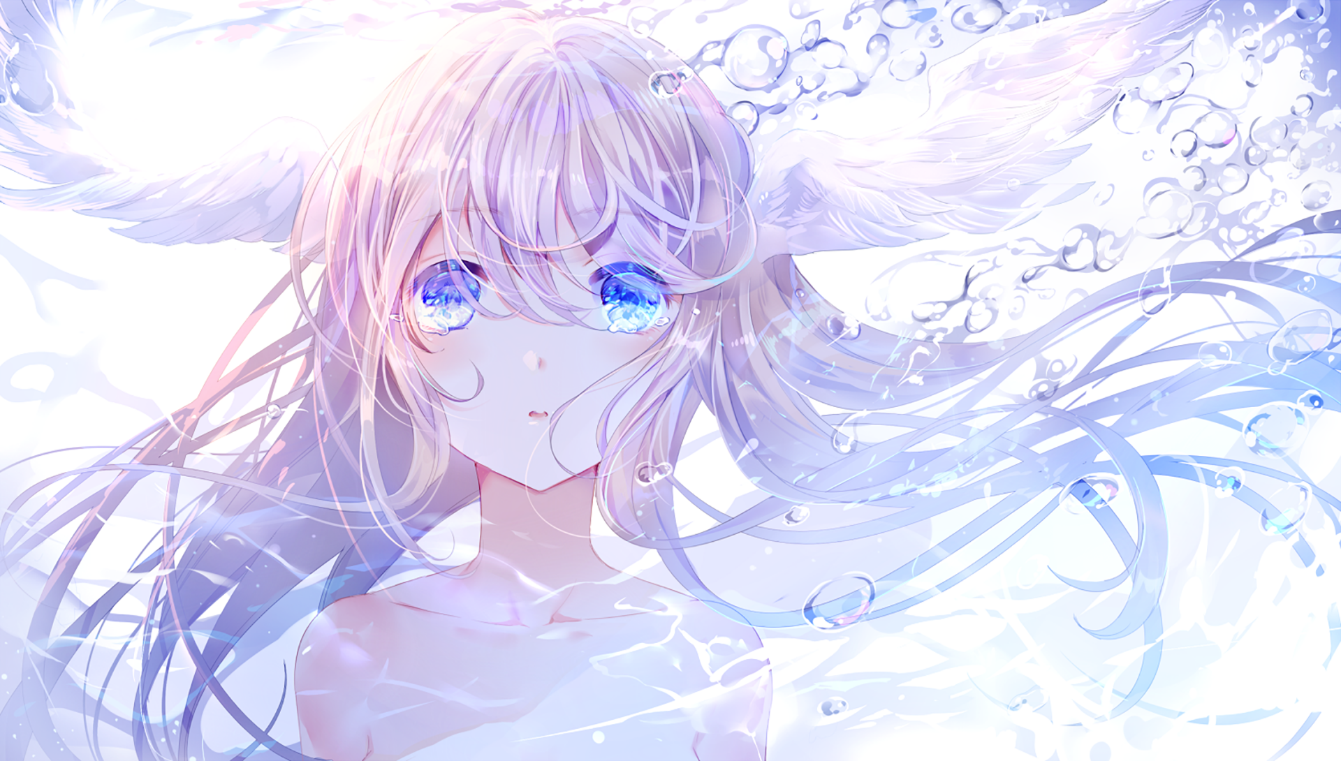 Anime-style artwork of a white-haired character with blue eyes underwater, surrounded by bubbles and sunlight, rendered in HD for a desktop wallpaper background.