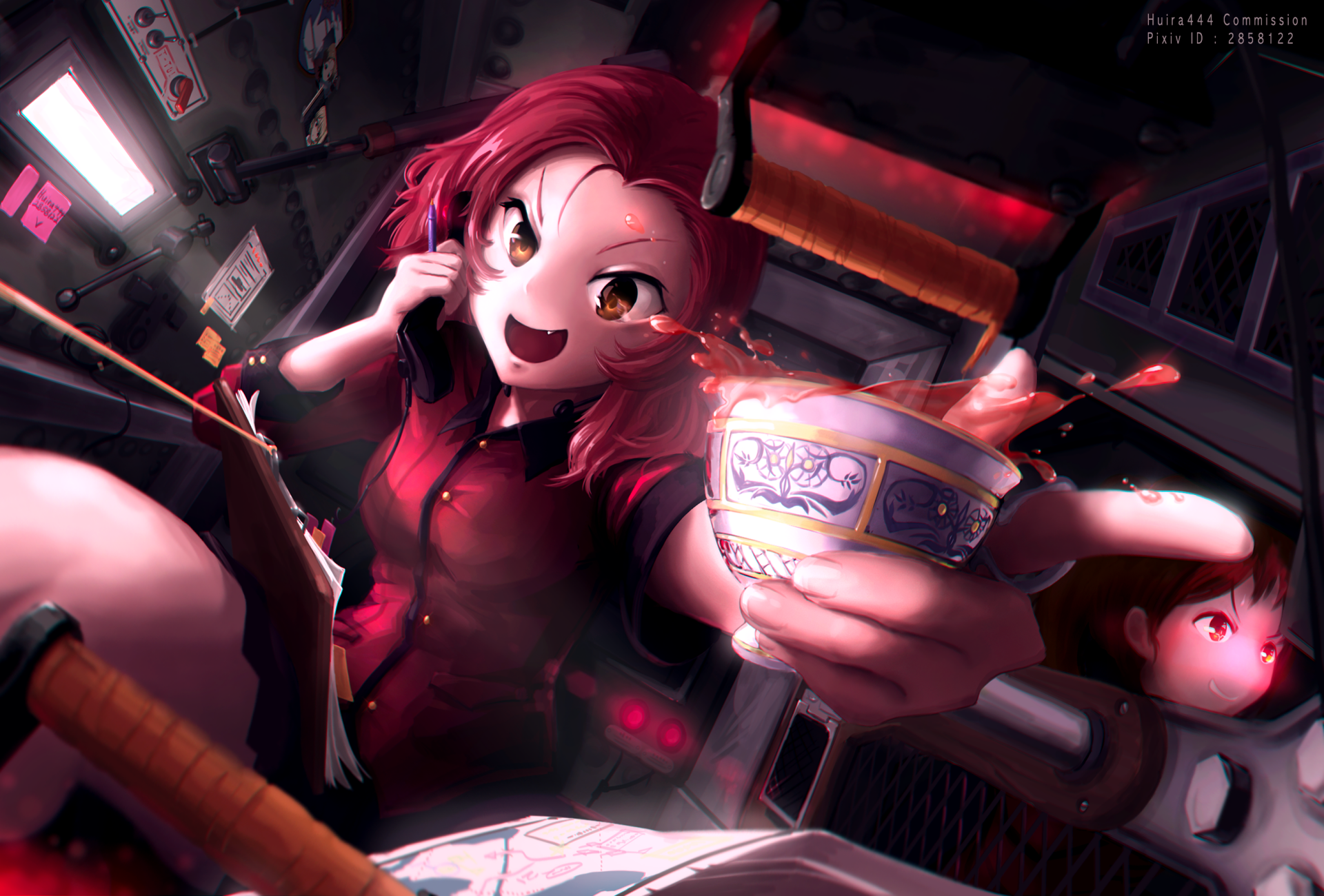 Anime character Rosehip from Girls und Panzer energetically holds up a teacup inside a tank, depicted in an HD desktop wallpaper and background.