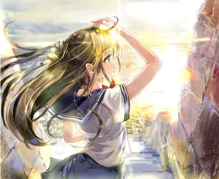 Anime girl in a school uniform stands on sunlit stairs, hair flowing in the summer breeze, captured in a vibrant HD PC desktop wallpaper background.