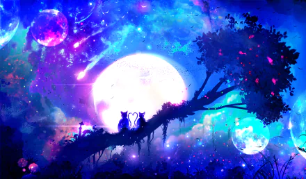 Fantasy-themed anime wallpaper depicting a couple on a tree branch under a glowing moon, with vibrant planets in a mystical night sky.