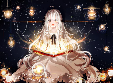 Anime art featuring a character with long white hair and yellow eyes, holding an open glowing book. Surrounded by hanging lanterns, the scene is set against a dark, starry background. HD desktop wallpaper.