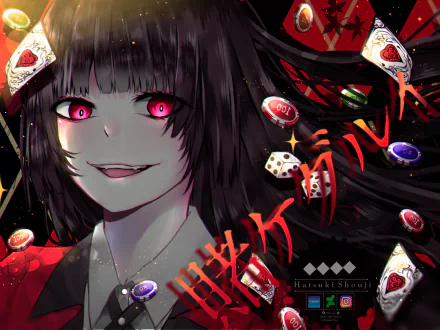 HD anime desktop wallpaper featuring Yumeko Jabami from Kakegurui, with vivid red eyes and floating playing cards and dice around her dark hair.