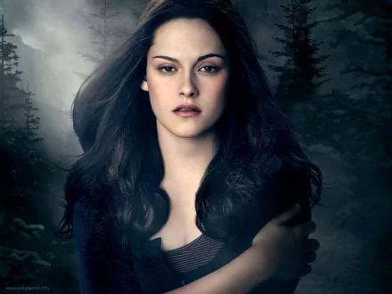 HD wallpaper of Bella Swan, portrayed by Kristen Stewart, from the movie *The Twilight Saga: Eclipse*, featuring a dramatic forest backdrop.