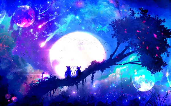 Fantasy-themed anime wallpaper depicting a couple on a tree branch under a glowing moon, with vibrant planets in a mystical night sky.